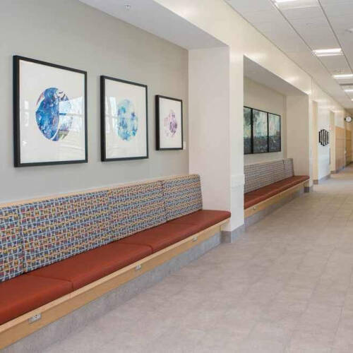 Photograph of a hallway in Finkelstein Hall that shows artwork on display above benches.